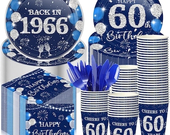 60th Birthday Party Supplies | Blue Silver Tableware Set for 30 Guests