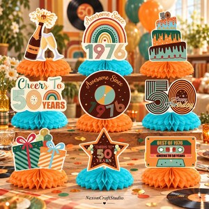May include: A set of nine 50th birthday honeycomb centerpieces featuring colorful cardstock cutouts with designs including a champagne bottle, a rainbow with 1976, a tiered cake, a cassette tape, and the text Cheers To 50 Years.