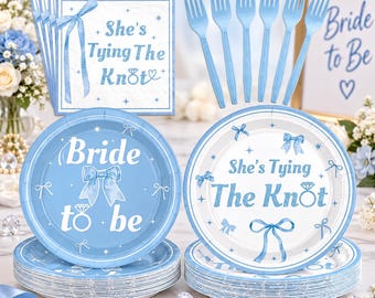 96 Pcs Blue Bow Bridal Shower Tableware Set, Bride To Be Plates Napkins Forks