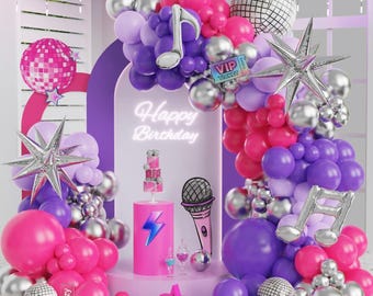May include: A party decoration set featuring a purple arch backdrop with a neon Happy Birthday sign, surrounded by pink, purple, and silver balloons, disco ball balloons, silver star balloons, music note balloons, and a VIP ticket balloon.