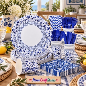 May include: A set of disposable party supplies featuring a blue and white floral pattern with a Greek key border. The collection includes round paper plates, paper cups, paper napkins, blue plastic forks, spoons, knives, and blue striped paper straws.