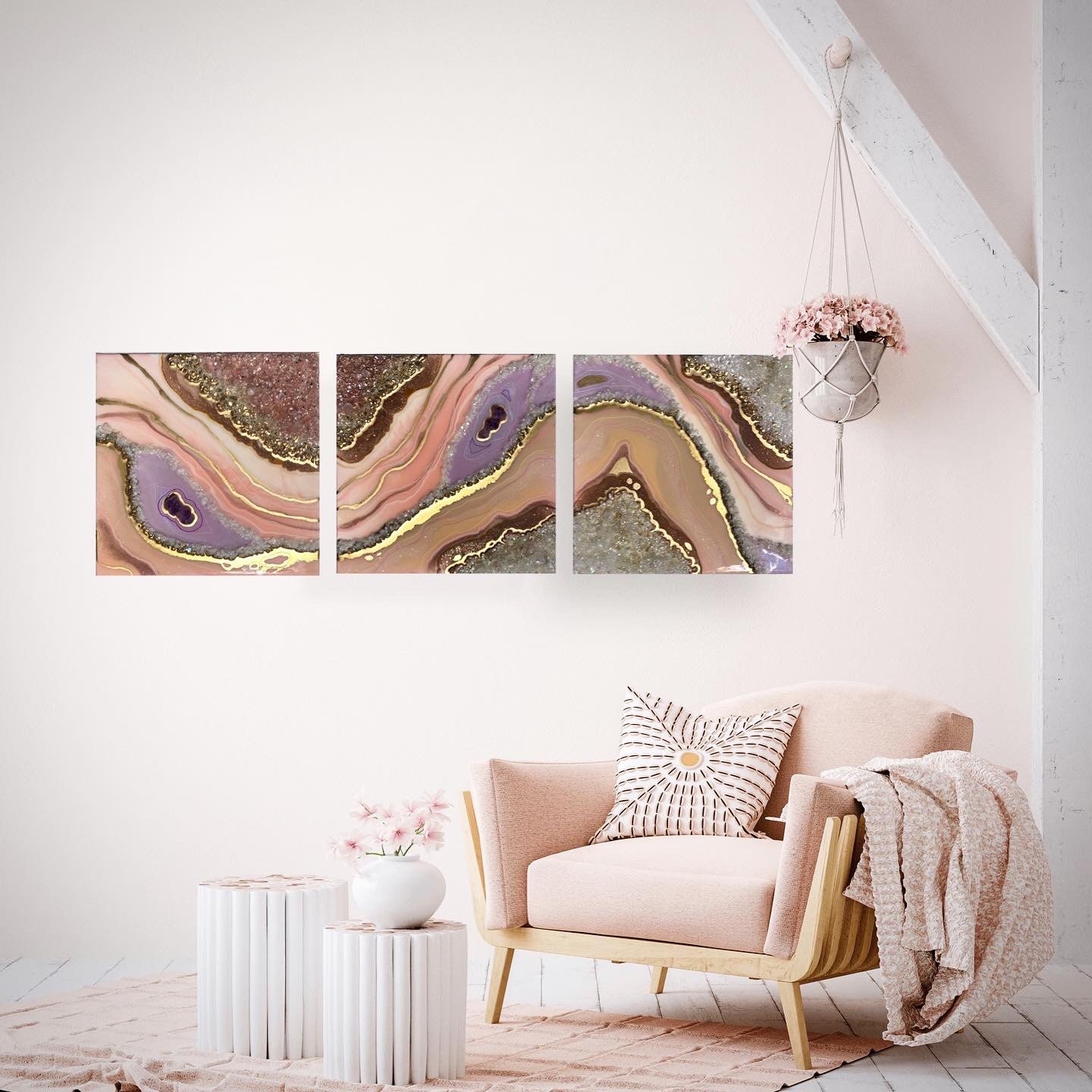 Pink and lilac triptych Geode wall art set Geode Resin Pink Etsy