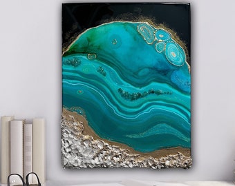 Emerald green geode painting| resin geode painting | emerald geode art | geode wall art | resin agate