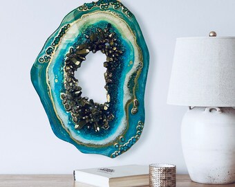 Freeform turquoise and teal quartz geode , cutout tefreeform geode. Teal blue wall art.