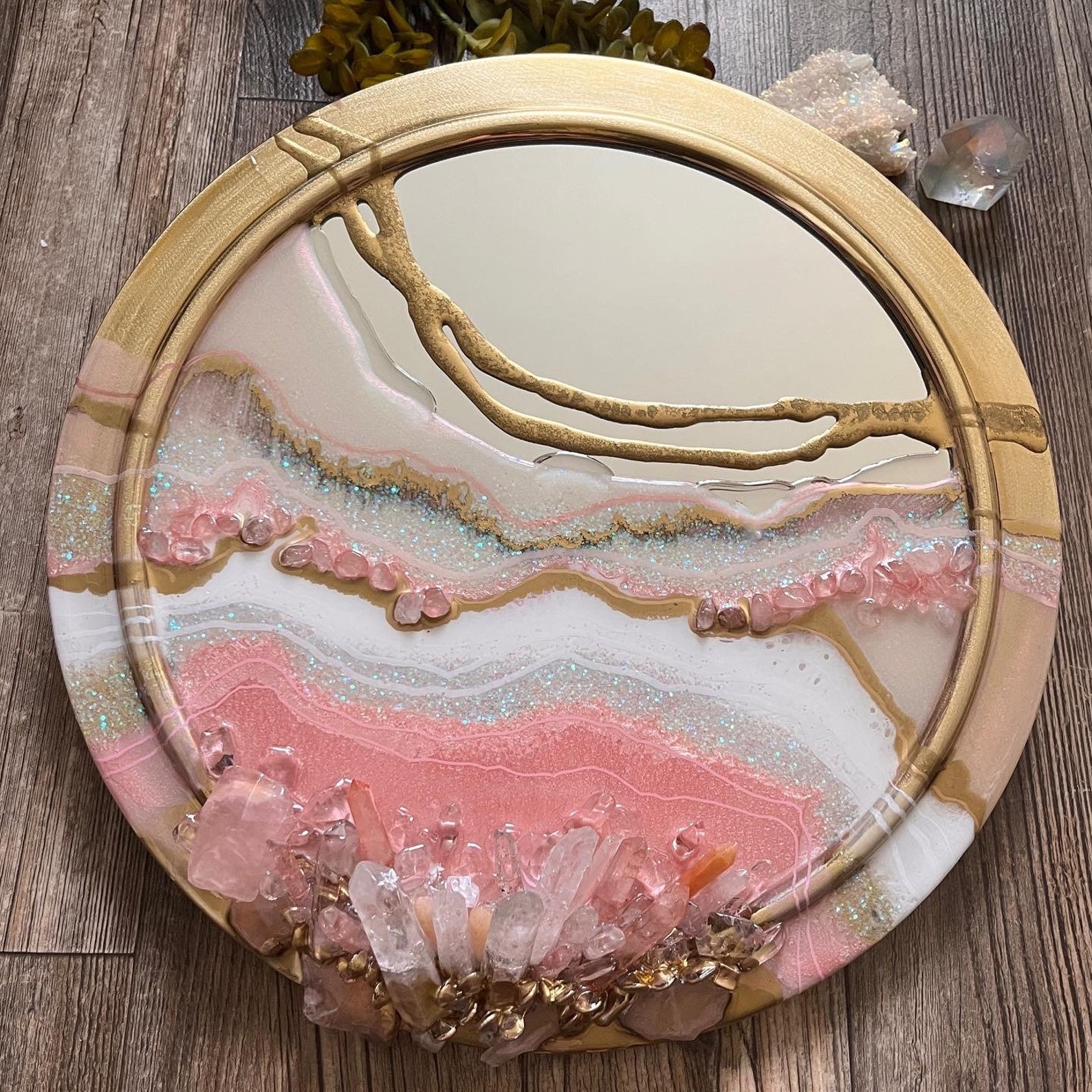 Pink Quartz Round Mirror Pink Round Mirror Crystal Round Etsy