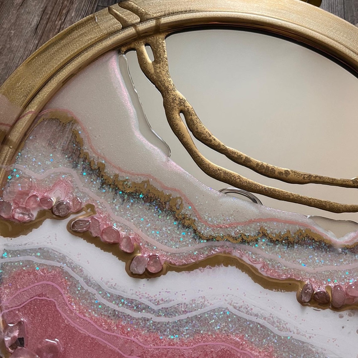 Pink Quartz Round Mirror Pink Round Mirror Crystal Round Etsy