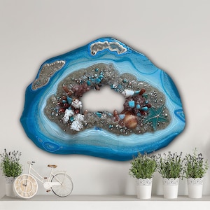 Beach Geode Wall Art: Freeform Painting with Coral & Seashells