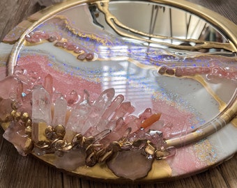 Pink quartz geode crystal mirror golden edge Pink geode quartz mirror 14.5" for entryway.