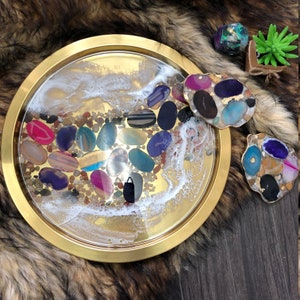 Agate Slice Tray and Coaster Set: Gold Resin Crystal Decor
