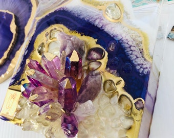 Crystal quartz geode in purple amethyst geode painting on lucite, Purple geode wall art