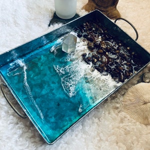 Resin Art Metal Beach Tray with Handles: Pebble Seascape Decor