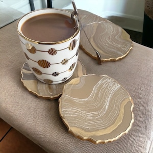 Resin Marbled Coaster Set: Taupe & Gold, Modern Coasters