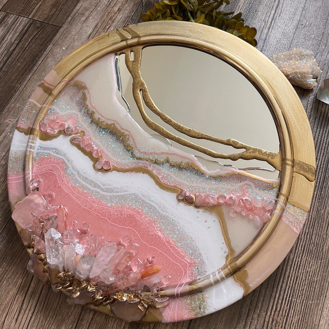 Pink Quartz Round Mirror Pink Round Mirror Crystal Round Etsy