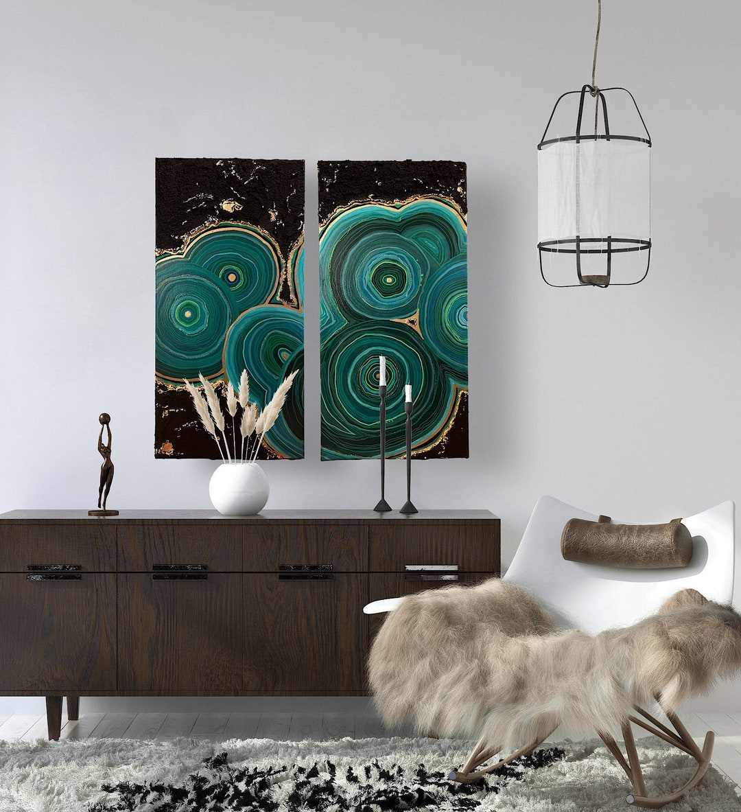 Modern Texture Green and Black Wall Art Textured Malachite 2 Pc Wall