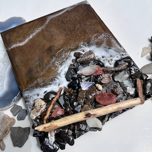 Resin Lake Art: Lakeside Beach Pebble Painting, Driftwood Decor (8x10)