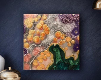 Resin geode inspired art| malachite and amethyst geode| purple and green geode art | textured geode wall art