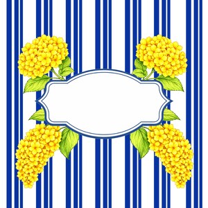 Puede incluir: Un diseño decorativo con flores de hortensia amarillas y hojas verdes, sobre un fondo de rayas azules y blancas. Un marco blanco, adornado, de forma ovalada está en el centro, ideal para texto o un monograma.