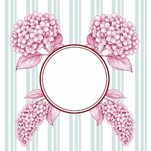 Puede incluir: Ilustración floral de flores de hortensia rosas, con un círculo blanco en el centro. El diseño está adornado con hojas y colocado sobre un fondo de rayas verticales azules claras y blancas, para una composición decorativa.
