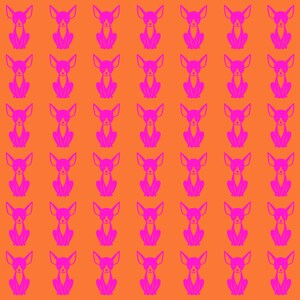 Puede incluir: Patrón repetido de siluetas de chihuahua rosas sobre un fondo naranja. Los perros están representados en posición sentada con orejas grandes. El diseño es simétrico y cubre toda la superficie, creando una estética vibrante y lúdica.