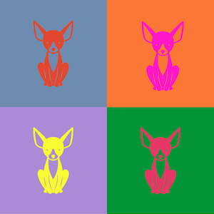 Puede incluir: Imagen de estilo pop art con cuatro paneles, cada uno con una silueta de chihuahua. Las siluetas de chihuahua son rojas, rosas, amarillas y fucsias. Los fondos son azules, naranjas, morados y verdes.