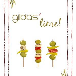 Puede incluir: Un fondo blanco con un borde burdeos y detalles de ramas de olivo. El texto "gildas' time!" es dorado. Se muestran tres brochetas de aceitunas, pimientos, champiñones y otros ingredientes.