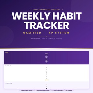 Könnte beinhalten: Eine digitale Excel-Tabellenvorlage mit dem Titel "WEEKLY HABIT TRACKER" auf einem violetten Farbverlaufshintergrund. Die Vorlage dient zur Gewohnheitsverfolgung, mit Kontrollkästchen und XP-Punkten. Das Design ist spielerisch.