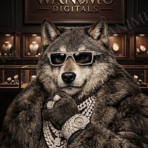 Puede incluir: Un lobo con gafas de sol incrustadas de diamantes, un collar de cadena gruesa de diamantes y un reloj de pulsera con diamantes. El lobo tiene una pata levantada hacia la barbilla. El fondo muestra una vitrina con el texto WANMU DIGITALS.