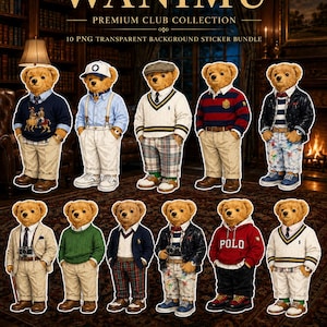 Luxe preppy teddybeer printpakket, clipart PNG met transparante achtergrond, geïnspireerd op RL Polo, digitale download