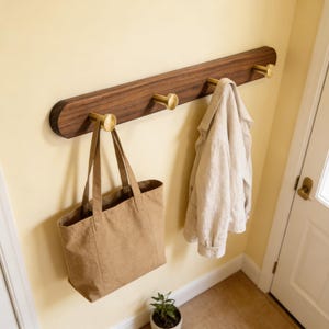 Walnut Wood Wall Coat Rack with Brass Knob Hooks, Minimalist Entryway Hanger 3 Sizes