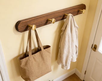 Walnut Wood Wall Coat Rack with Brass Knob Hooks, Minimalist Entryway Hanger 3 Sizes