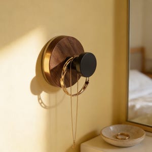 Walnut Wood Wall Hook with Brass Ring & Black Knob, Luxury Single Coat Hook for Jewelry