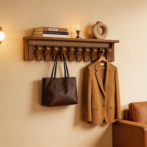 Könnte beinhalten: Ein hölzerner, an der Wand befestigter Kleiderständer mit mehreren Haken, einem Regal und einer braunen Ledertasche, die an einem der Haken hängt. Ein hellbrauner Blazer hängt an einem Holzkleiderbügel. Eine Kerze und Bücher befinden sich auf dem Regal.