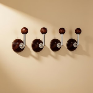 Set of 4 No Drill Walnut Ball Wall Hooks, Japandi Wooden Coat Hook, Minimalist Round Entryway Hook