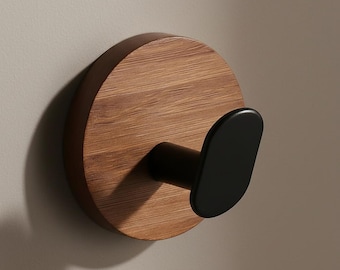 Patère murale en noyer, patère ronde en bois, porte-manteau d'entrée avec garniture en acier noir mat