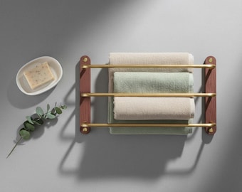 Porte-serviettes mural en noyer, Rangement de salle de bain à 3 niveaux, bois et laiton, Porte-serviettes minimaliste moderne pour petites salles de bains, 40 cm 50 cm