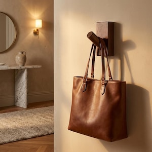 Puede incluir: Un bolso tote de cuero marrón cuelga de un gancho de pared de madera. El gancho está montado en una pared de color claro. El bolso tiene dos asas y forma rectangular. El fondo incluye una mesa de mármol, una alfombra y un aplique de pared.