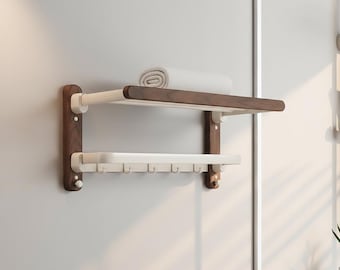 Porte-serviettes mural pliable, étagère murale de salle de bain avec crochets, bois plastique 50 cm porte-serviettes pliant peu encombrant pour les petites salles de bains