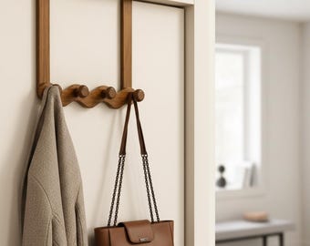 Porte-manteau sur porte en bois de noyer et fer, 4 ou 5 crochets de suspension, réglable sans perçage