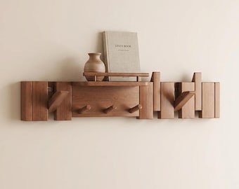 Porte-manteau mural en bois de noyer avec étagère et crochets rabattables, organiseur architectural pour entrée 60 cm