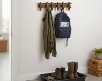 Support mural réglable en bois pour patères, Range-manteaux coulissant rustique 50 cm, Porte-manteau pour entrée avec 6 crochets coulissants, Gain de place