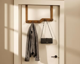 Porte-manteau sur porte en bois de noyer et fer, suspension à 5 ou 6 crochets, style rail, sans perçage