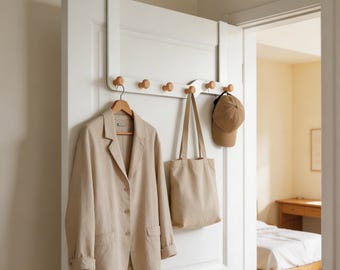Over the Door Coat Rack with Wood Ball Hooks, White Behind Door Hanger No Drill Required