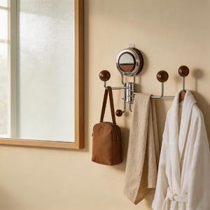 Op de afbeelding: Een aan de muur gemonteerde kapstok van chroom en hout met een spiegel, een bruine handtas, een beige handdoek en een witte badjas. De spiegel heeft een houten frame. De badjas hangt aan een houten hanger.