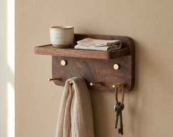 Étagère murale en bois de noyer avec crochets en laiton, porte-manteau organisateur d'entrée 2 tailles 4 ou 6 crochets