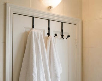 Support à double crochet au-dessus de la porte avec embouts sphériques noirs, organisateur de salle de bain sans perçage