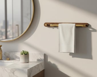 Porte-serviettes mural en noyer, porte-serviettes de salle de bain moderne en laiton, porte-serviettes en bois de 48 cm pour la cuisine et la salle de bain, support mural peu encombrant, porte-serviettes de bain pour invités