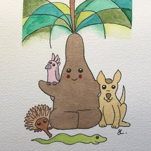 Grass tree and Australian animals A5 watercolour original