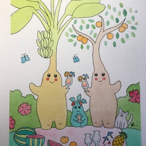 Fiesta de cóctel árbol de frutas A4 acuarela original