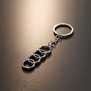 May include: A silver-colored keychain featuring a series of interconnected rings, connected to a larger ring via a chain. The keychain is made of a shiny metal and rests on a dark, reflective surface.