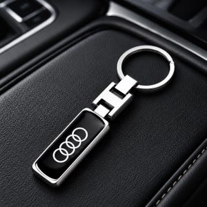 May include: A rectangular metal keychain featuring a black enamel inlay with the white Audi four-ring logo. The keychain includes a polished silver-tone metal frame, a hinged connector piece, and a circular split ring for attaching keys.